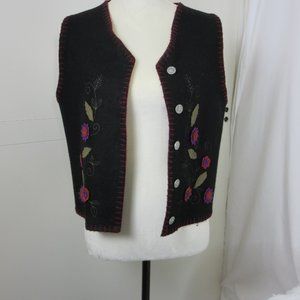 Lemon Grass Vest Vintage Black Fall Wool Blend Appliqued Flowers Autumn Medium